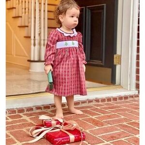 Edgehill Collection Round Neck Long Sleeve Christmas Tree Smocked Dress